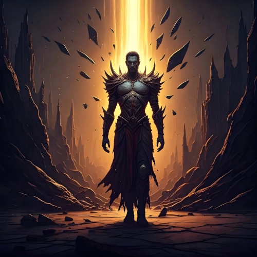 A dark warrior standing in a shattered landscape with golden light behind them